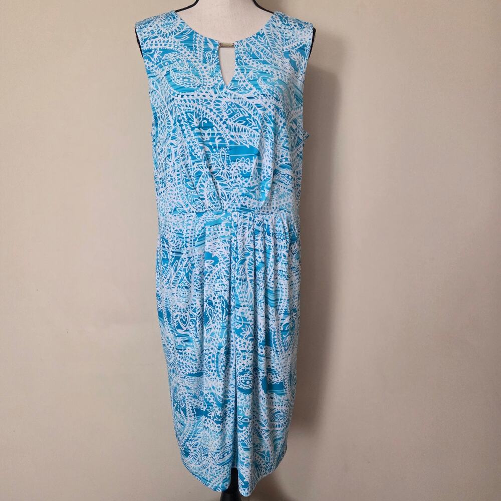 NWT Jones New York XL Jersey Pullover Sleeveless Summer Dress Turquoise White - Picture 2 of 16